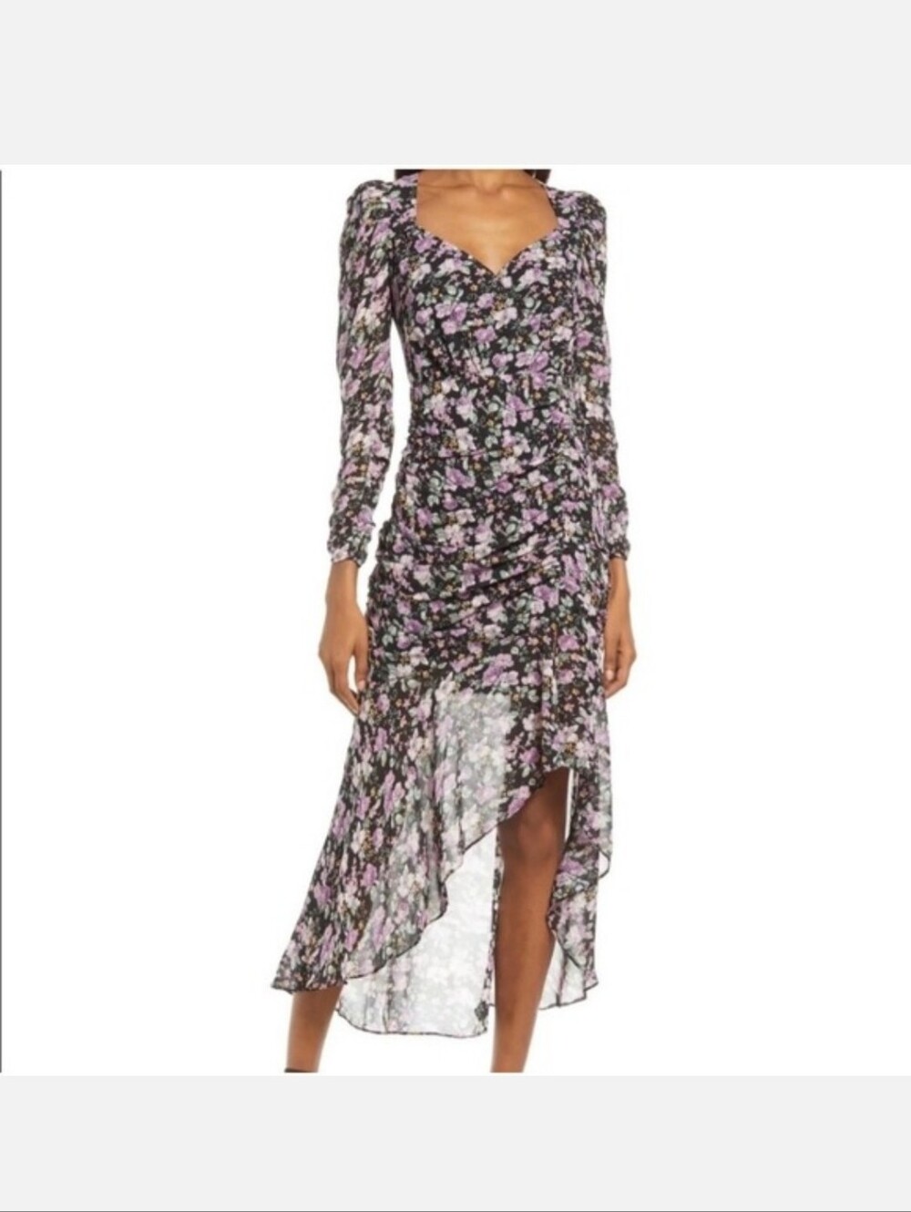 Floret Studios Floral Ruched High-Low Midi Dress in Black and Lavender Size S